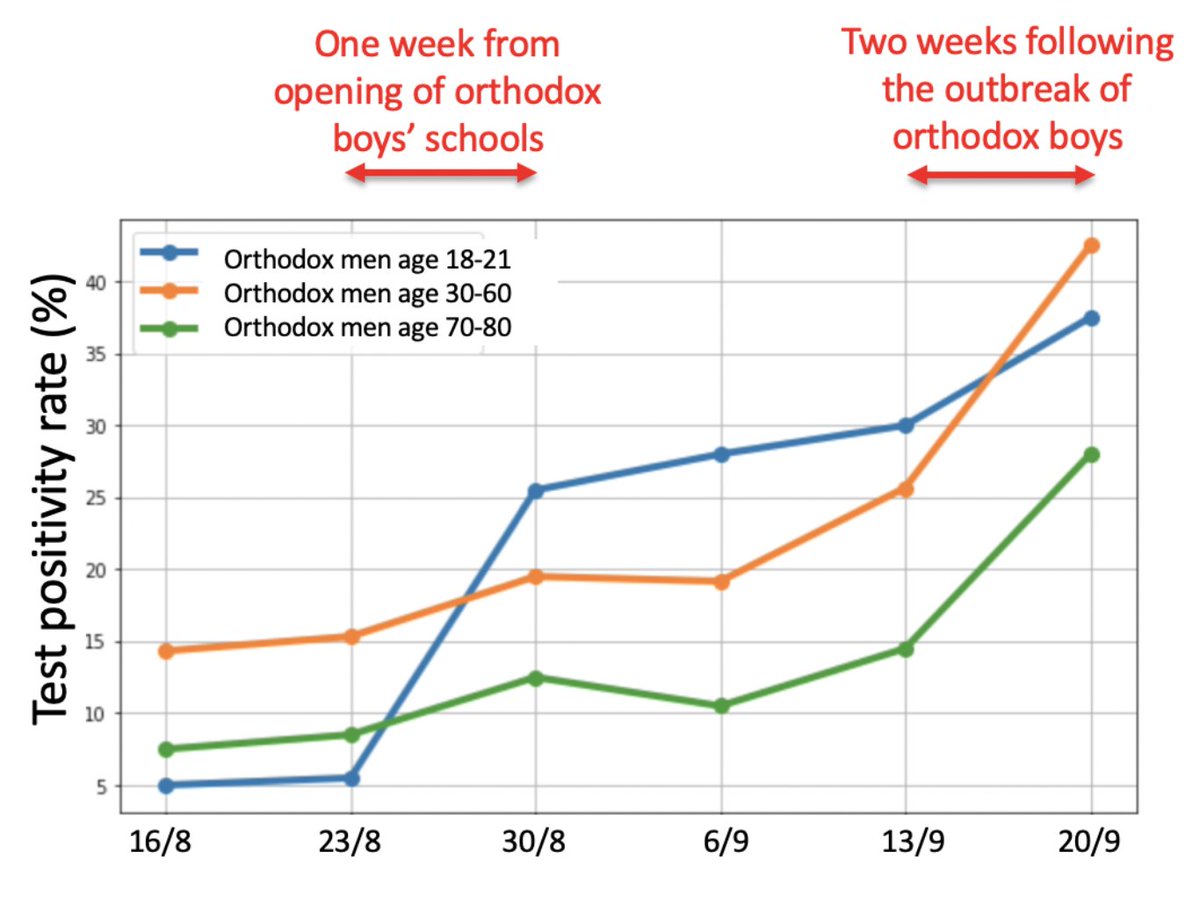 Indeed, it was fragile and unfortunately “broke” upwards. The trigger was the opening of schools. First the orthodox boys, where positivity rate surged from 5% to 25% just 7–10 days after their openingBut two weeks later, the outbreak in the young spread to the older orthodox