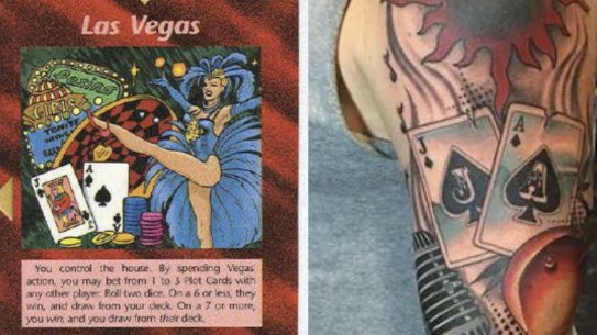 But it gets stranger. Jason Aldean was one of the headliners. If you look at his tattoos, there’s a Jack card and an Ace card underneath a black sun, which as mentioned earlier, is an occult symbol that represents a portal. This card from the Illuminati game is almost identical.