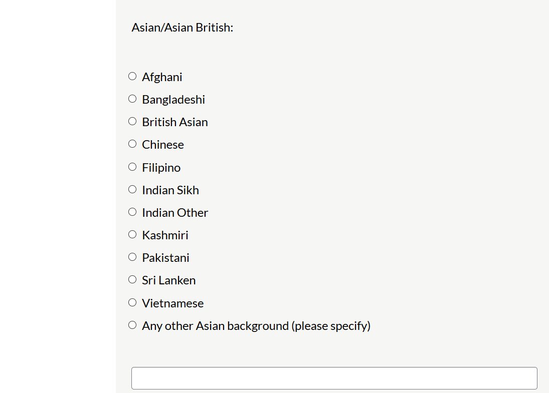justbadforms's tweet image. The form asks for ethnicity, and the list of Asian ethnicities includes 'Sri Lanken'. I knew what they meant but it made me laugh 😆