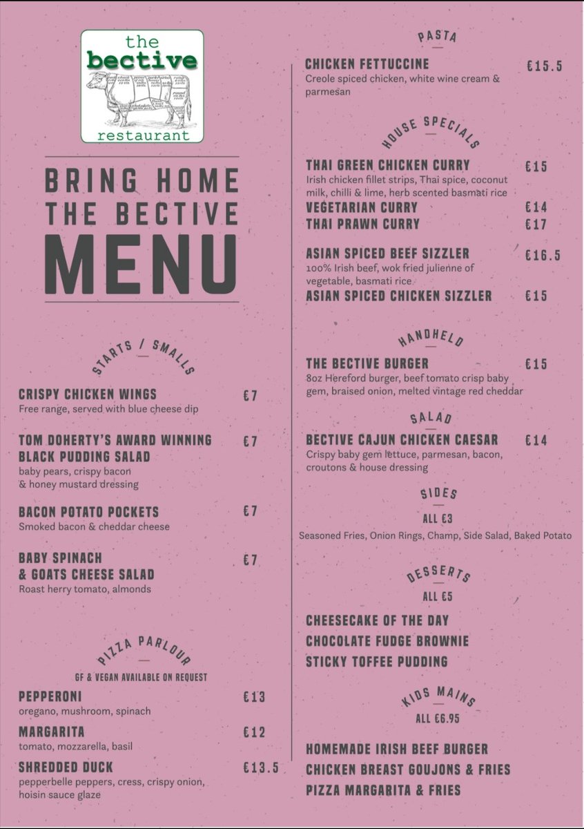 TheBectiveKells's tweet photo. Our take out menu Bring Home The Bective is available from 5pm Wednesday-Saturday &amp; from 3pm on Sunday

For enquiries &amp; Preorders call us from 3pm today📞

📞 046 9247780 or email Everything@thebective.ie

#outdoordining #takeaway #kells https://t.co/KLJwKfYM8c