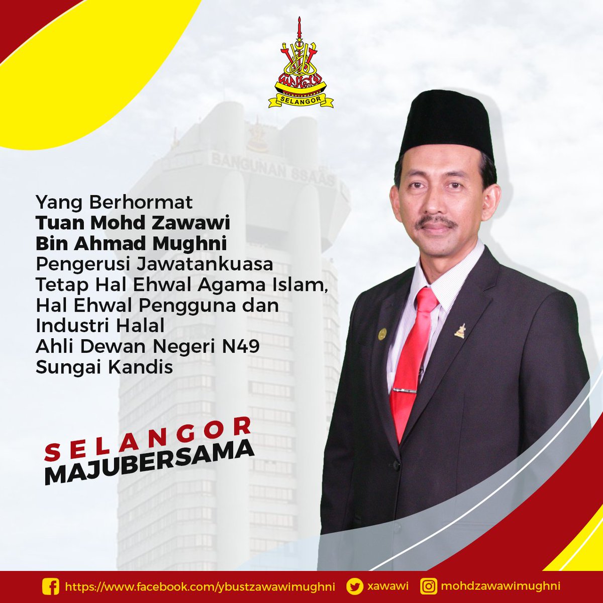 Portfolio 

Yang Berhormat Tuan Mohd Zawawi Bin Ahmad Mughni 

Pengerusi Jawatankuasa Tetap Hal Ehwal Agama Islam, Hal Ehwal Pengguna dan Industri Halal
Ahli Dewan Negeri N49 Sungai Kandis