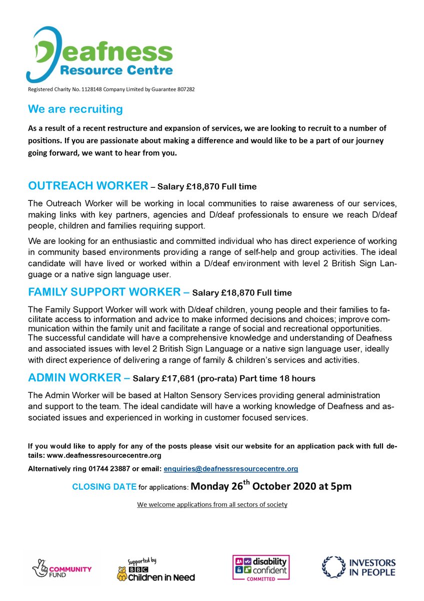 I CAN project (@drc_icanproject) on Twitter photo We are recruiting, why not join our team, working to support children and families in the D/deaf community - to apply follow the link deafnessresourcecentre.org/vacancies/staf… <a href="/Liverpool1Hour/">#LiverpoolHour</a> <a href="/Seftonhour/">#Seftonhour</a> <a href="/StHelensHour/">#sthelenshour</a> <a href="/HaltonHour/">#HaltonHour Community Networking Thursdays 8-9pm</a> We are recruiting, why not join our team, working to support children and families in the D/deaf community - to apply follow the link deafnessresourcecentre.org/vacancies/staf… <a href="/Liverpool1Hour/">#LiverpoolHour</a> <a href="/Seftonhour/">#Seftonhour</a> <a href="/StHelensHour/">#sthelenshour</a> <a href="/HaltonHour/">#HaltonHour Community Networking Thursdays 8-9pm</a>