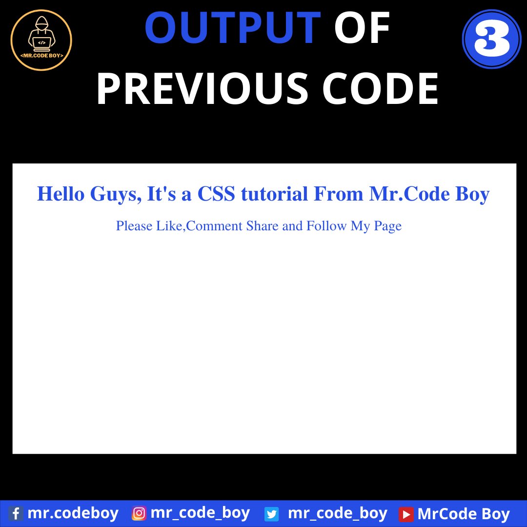 mr_code_boy's tweet image. CSS Part - 2(c) (Class Selectors)

Like, Share, Comment, and Follow for more technical stuff.

YouTube - bit.ly/mrcodeboy
Facebook - facebook.com/mr.codeboy/
Instagram - instagram.com/mr_code_boy/

#computerscience #html #webdeveloper #software
#codinglife #web #100DaysOfCode
