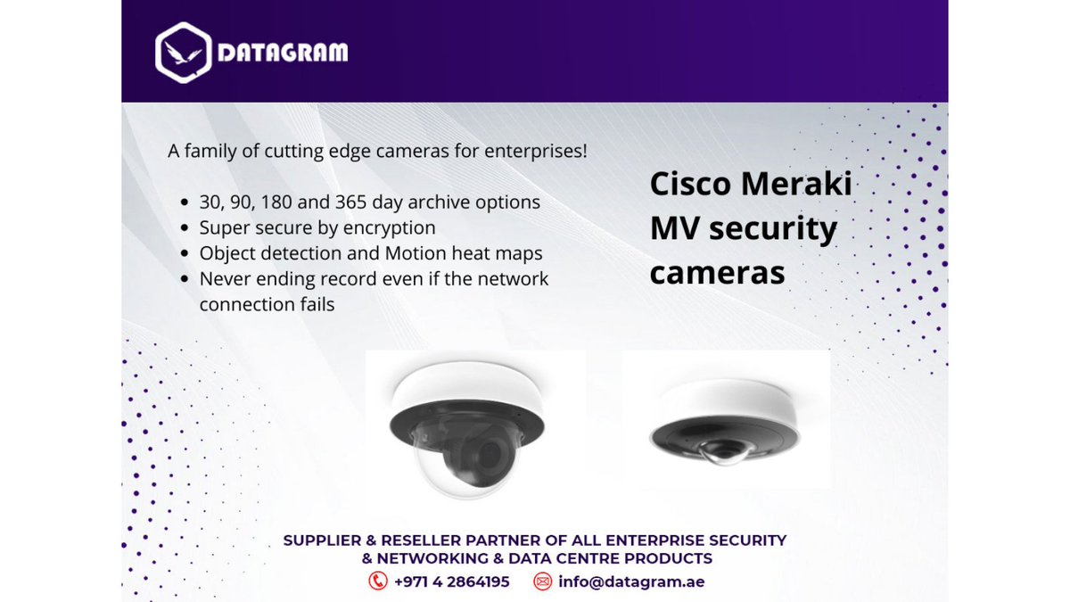 MV family of cameras for enterprise security!
🖲Edge storage
🖲Adv analytics
🖲Centralized cloud mgmt
🖲Optimized retention
🖲Local, remote streaming
🖲Easy to deploy, manage
🖲Indoor &amp; Outdoor cameras
Get equipped now! #ciscomeraki #uae #datagram #africa #merakidistributor #mena