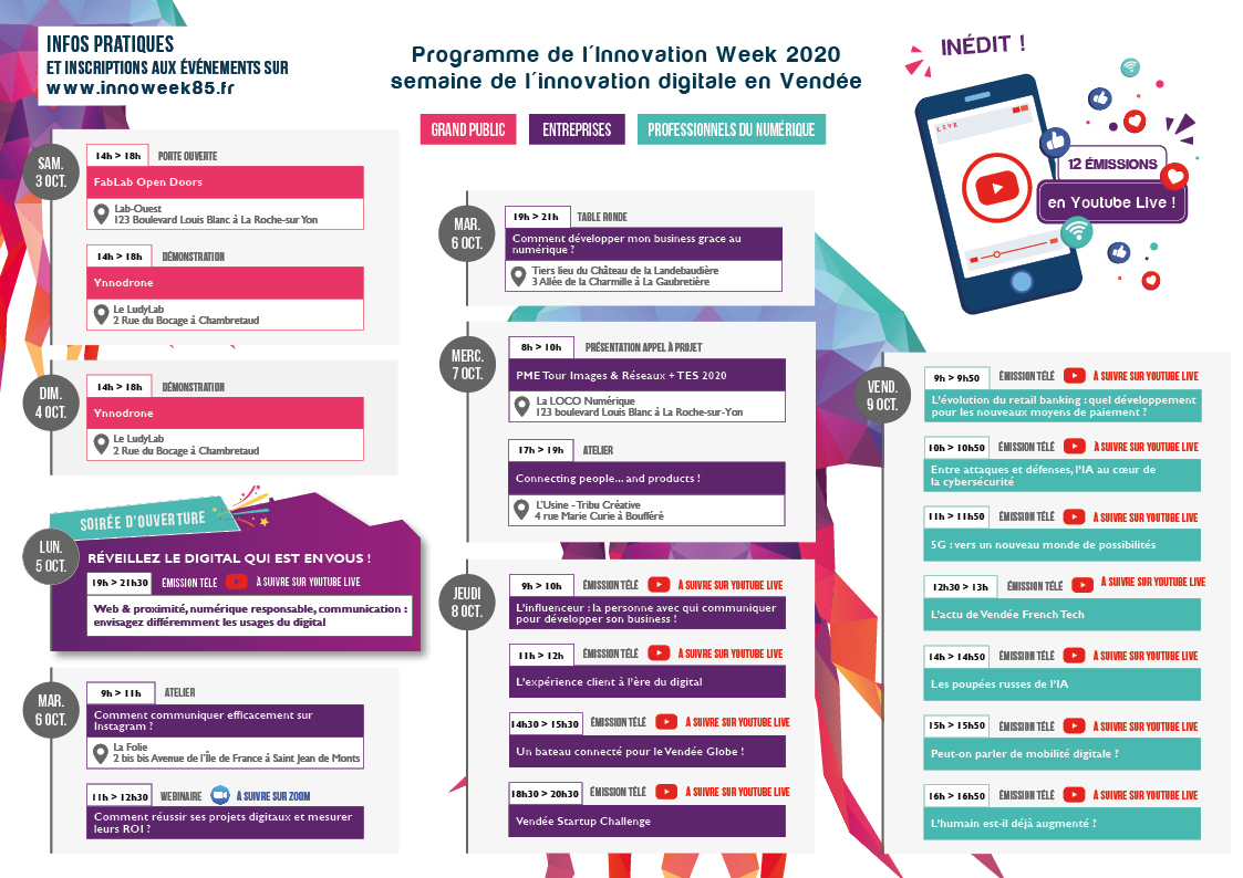 Inédit en 2020 l'<a href="/InnoWeek85/">InnoWeek85</a> : semaine de l'#innovation #digitale en #Vendee est passée au format hybride ! Les journée de demain &amp; vendredi sont 100% #virtuelles ! Suivez les 12 #emissions <a href="/TVVendee/">TV Vendée</a> sur YouTube ! Programme et inscriptions sur innoweek85.fr
#Innoweek85