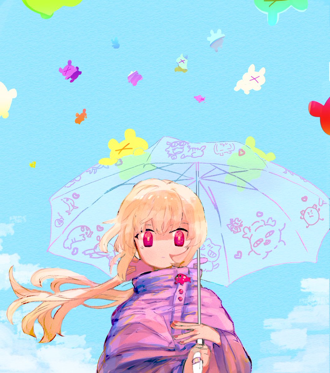 1girl solo long hair blonde hair umbrella holding sky  illustration images