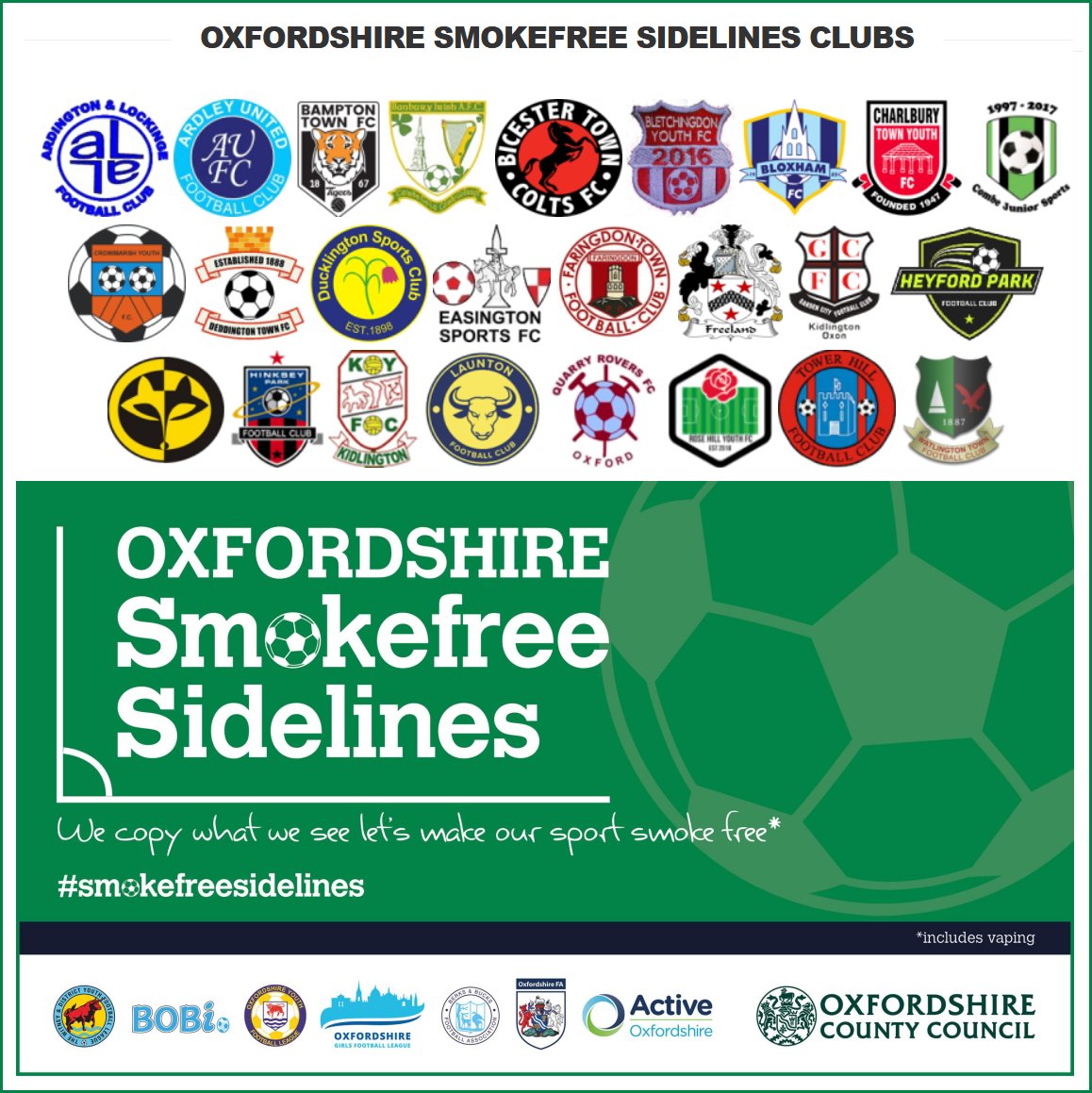 Come and join the Oxfordshire clubs that have signed up to #SmokefreeSidelines to help make the game a healthy environment for youth players.

Find out more here:

bit.ly/smokefreeoxon

@activeoxon
@BerksBucksFA
<a href="/WdyflF/">WDYFL Witney & District Youth Football</a>
<a href="/OYFLeague/">Oxfordshire Youth Football League</a>
<a href="/HealthyOxon/">HealthyOxon</a>
<a href="/OMGFL/">Oxfordshire Girls Football League</a>