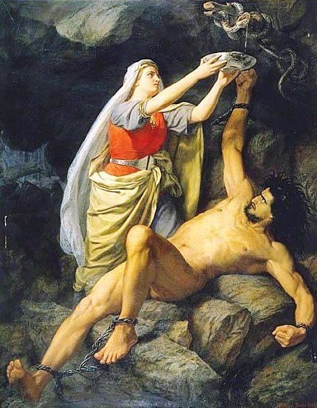 His faithful wife Siguna stayed by his side, holding a bowl over his head and collecting the snake's venom. When the bowl was filled, she would turn away to dispose of it and in that short time, the venom would drip onto Loki's face causing him to shake violently. His shaking was