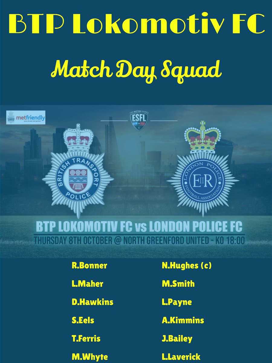On the eve of the first ever London <a href="/ESFL20/">Emergency Services Football League</a> match I think it’s only fair to release the match day squad!! Come down and support if you can. We’d love to hear you chanting the BTP name, after all...we are against The MET <a href="/LondonLpfc/">London Police Football Club (LPFC)</a> 👎😉!!!
<a href="/BTP/">British Transport Police</a> <a href="/BTPolFed/">BTP Federation</a>