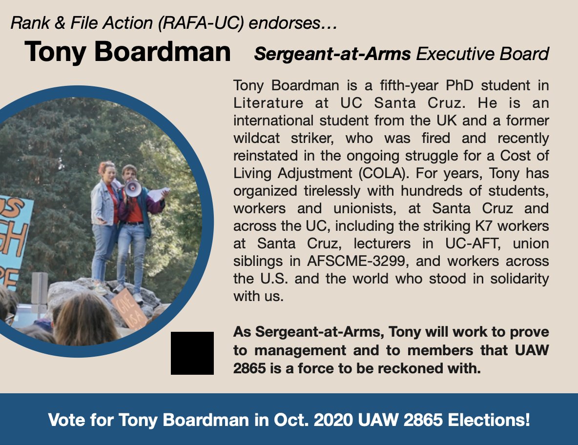 payusmoreucsc's tweet photo. ‼️ATTENTION UC STUDENT-WORKERS‼️
Vote for Rank and File Action (RAFA) in this week’s elections: Tony Boardman for Sergeant-at-Arms, Samiha Khalili for UCI Head Steward, Zach Hicks for UCB Head Steward, and Mark Samuel Abbott for UCD Head Steward.
✊✊ https://t.co/P8F1G42kuX