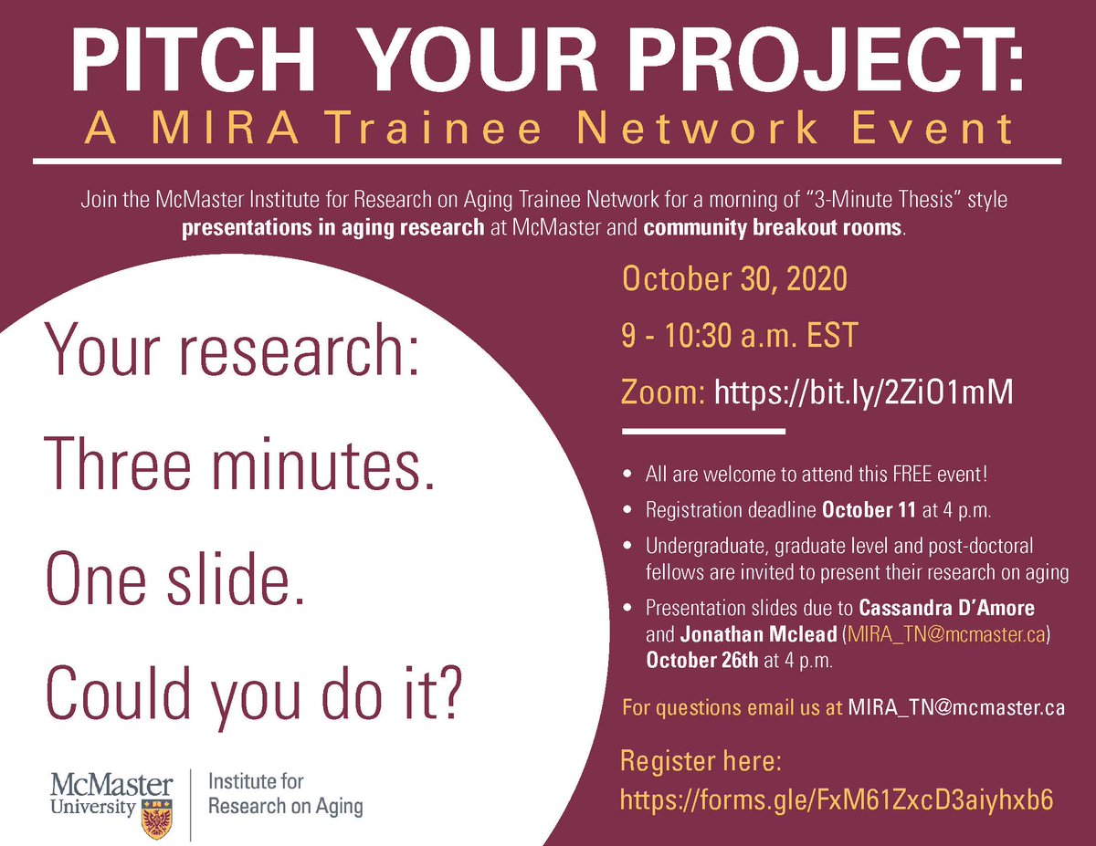 UPCOMING EVENT: Don't miss the opportunity to watch 3-minute thesis-style pitches from <a href="/McMasterU/">McMaster University</a>'s next generation of researchers in aging. Register to attend this FREE online event here -&gt; bit.ly/3iBvWXX #AgingReimagined #RethinkMobility #MIRAtrainee