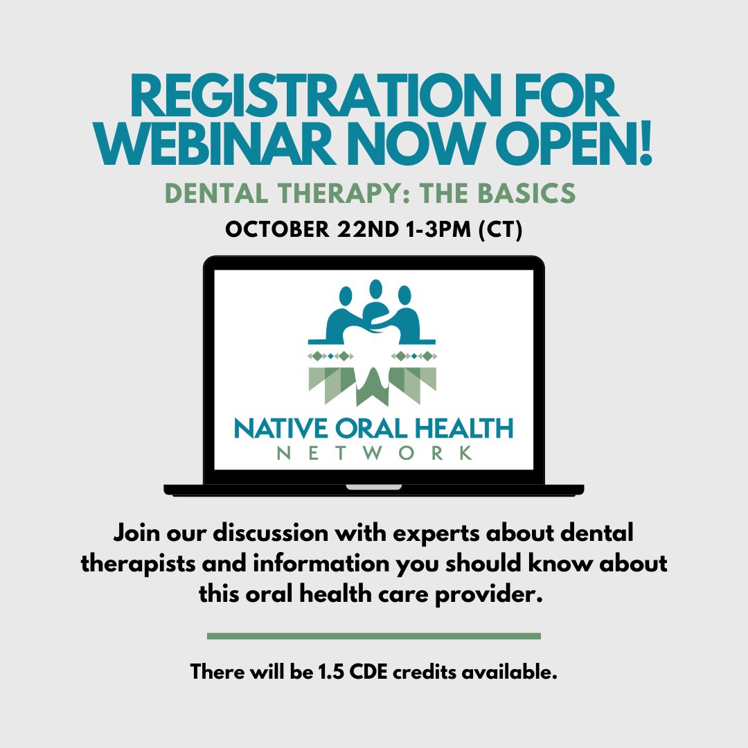 Native Oral Health Network (@nohnoklahoma) on Twitter photo Join us for the first webinar of three in our Dental Therapy Series! We will hear from Laura Hale from <a href="/HealthPolicyHub/">Community Catalyst</a> and Brett Weber from <a href="/NIHB1/">NIHB</a>. Both organizations are co-chairs of the <a href="/GoDentalTherapy/">National Partnership for Dental Therapy</a>. Register now at zoom.us/meeting/regist… Join us for the first webinar of three in our Dental Therapy Series! We will hear from Laura Hale from <a href="/HealthPolicyHub/">Community Catalyst</a> and Brett Weber from <a href="/NIHB1/">NIHB</a>. Both organizations are co-chairs of the <a href="/GoDentalTherapy/">National Partnership for Dental Therapy</a>. Register now at zoom.us/meeting/regist…