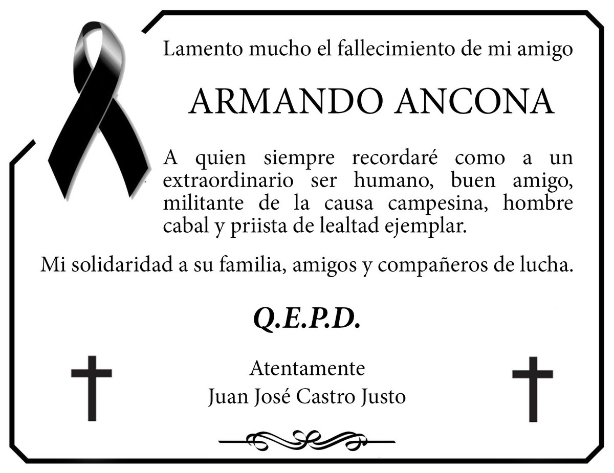SAGADEGRO's tweet photo. A nombre del titular de la SAGADEGRO, Juan José Castro Justo nos unimos a la profunda pena que embarga a familiares y amigos. https://t.co/SLGMTfh3lP