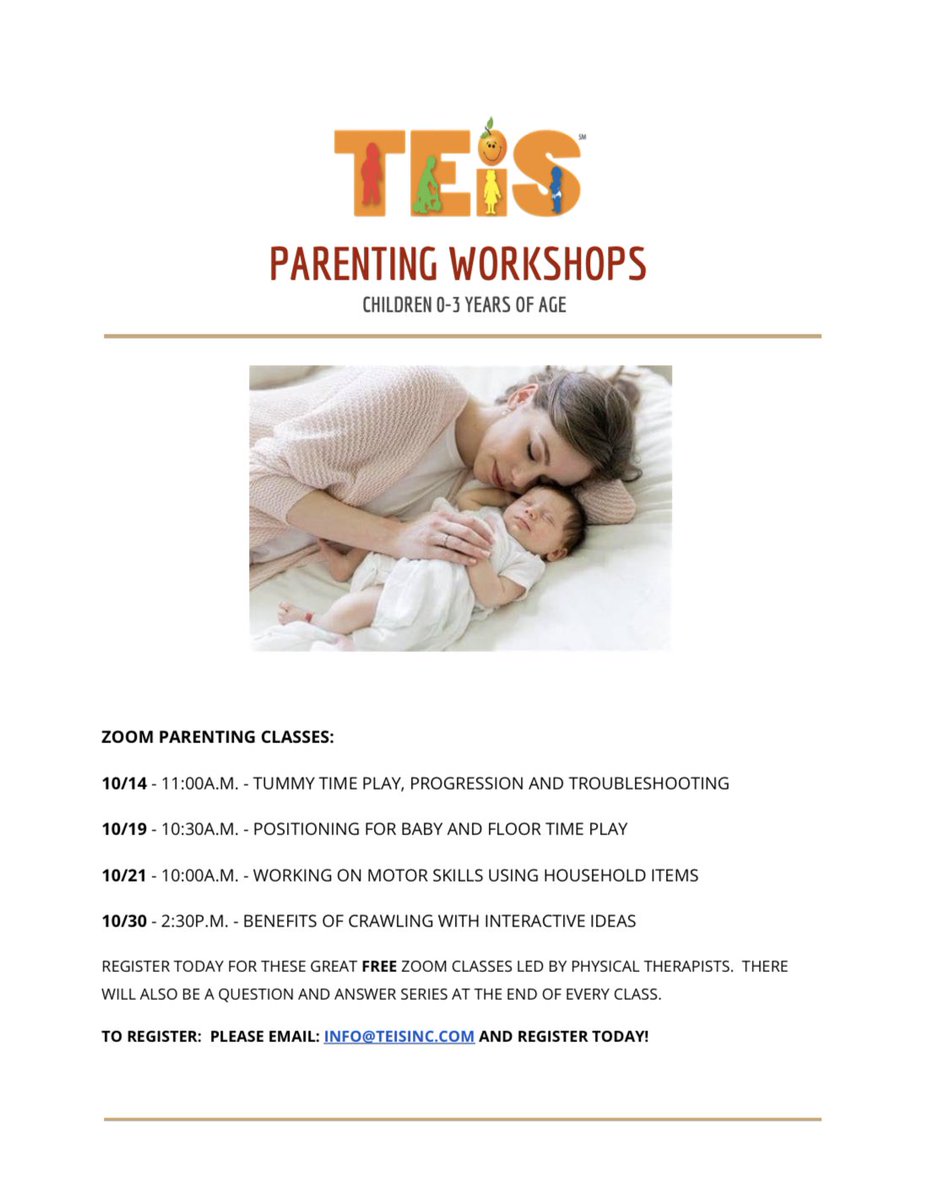 TEIS_EI's tweet photo. 🚨NEW🚨 We are offering virtual #Parenting Workshops with TEIS PTs starting next week! Check out the schedule of topics and dates below. Email us at info@teisinc.com to register. #parentingtips #kidtip #pittsburgh #pgh #pghparenting #momlife #dadlife #PhysicalTherapy #motorskills https://t.co/KwTy6y39le