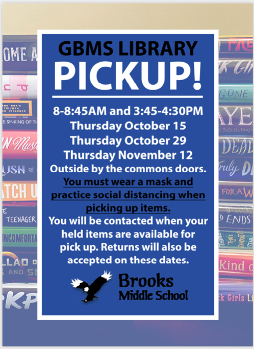 GBMS Library books are now available for contactless pickup!  Check out Middle Matters or each student's Canvas inbox for further details.  #oakpark97 #BeBrooks97 #libraries97