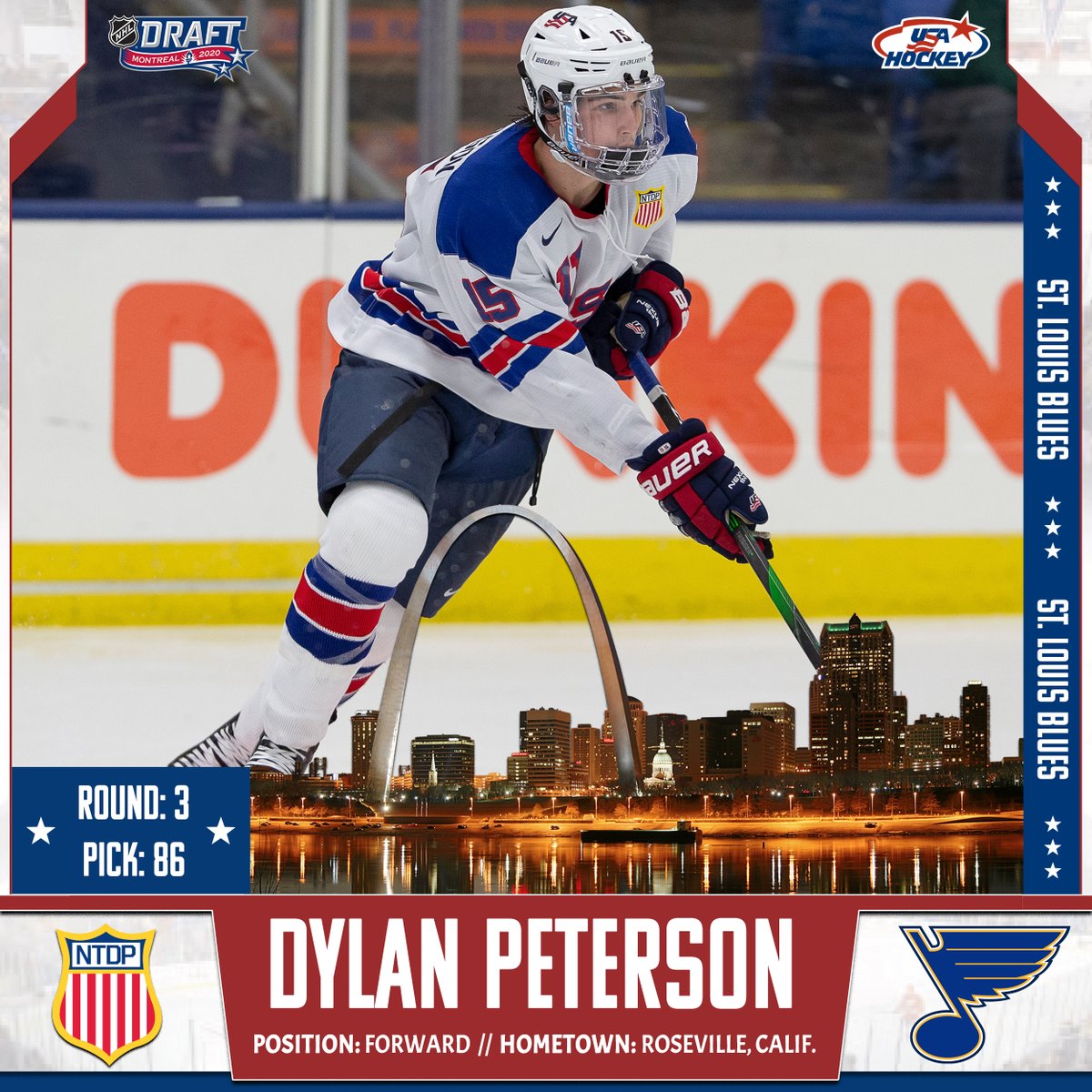 PETE! The <a href="/StLouisBlues/">St. Louis Blues</a> dive into the NTDP pool with the big, smooth forward!

<a href="/DylanPeterson28/">Dylan Peterson</a>, find your way to the Arch! Congrats! 😎

#NTDP | #NHLDraft