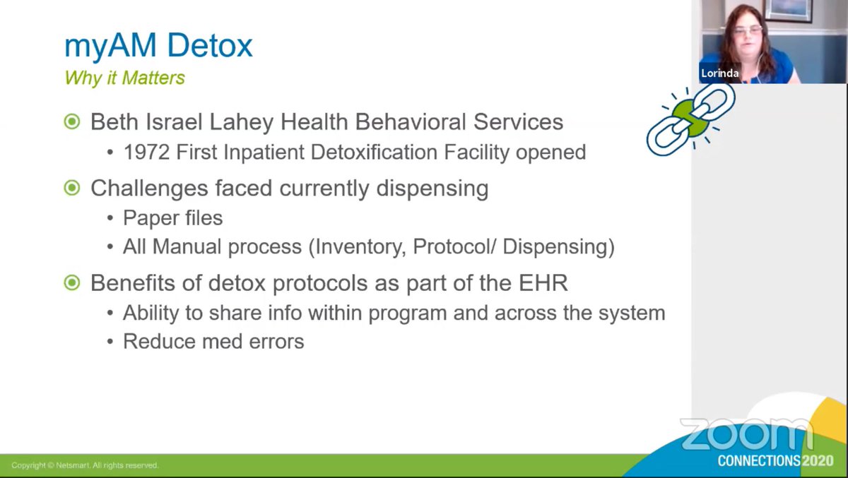 NetsmartTech's tweet photo. "A benefit of building #Detox protocols in the #EHR is being able to share information in the program & across the system. This ensures information gathered at different points travels to all other programs the client interacts with" - @BILHBehavioral's Lorinda Blaisdell. #CONN20 https://t.co/qv5ViuBHdB