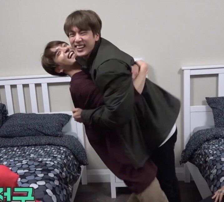 Jinkook  playful & cute, two puppies play fighting and teasing, so funny together. Endless affection.