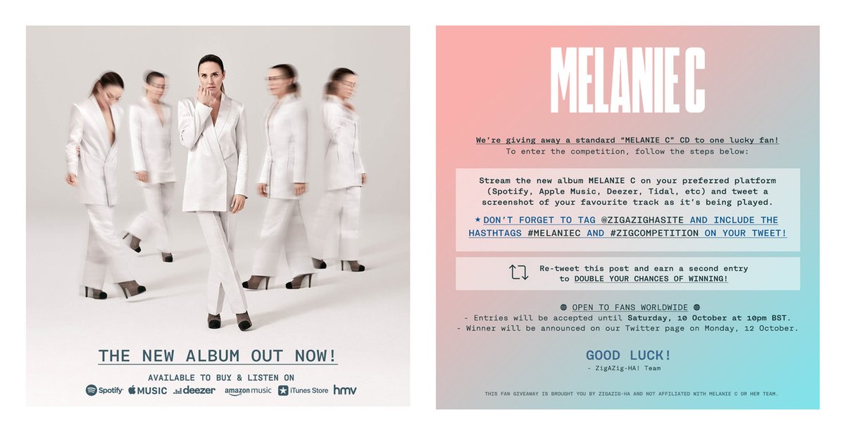ZigazigHaSite's tweet image. COMPETITION TIME! 🚨 We’re giving away a “Melanie C” CD to one lucky fan! Follow the steps on the image to enter. Fans from all over the world are welcome. Don&apos;t forget to tag @ZigazigHaSite and use the hashtags #MelanieC and #ZigCompetition - GOOD LUCK EVERYONE! @MelanieCmusic