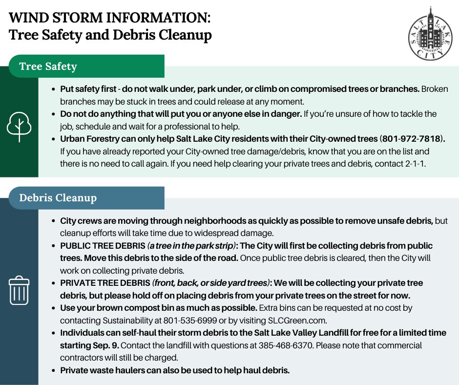 SLCgov's tweet photo. For questions and to learn more about windstorm cleanup efforts in Salt Lake City, visit https://t.co/e4WMsmVOOr.
#utpol #slc #utwx #utahwind #utwind https://t.co/OzbZaXrpAS