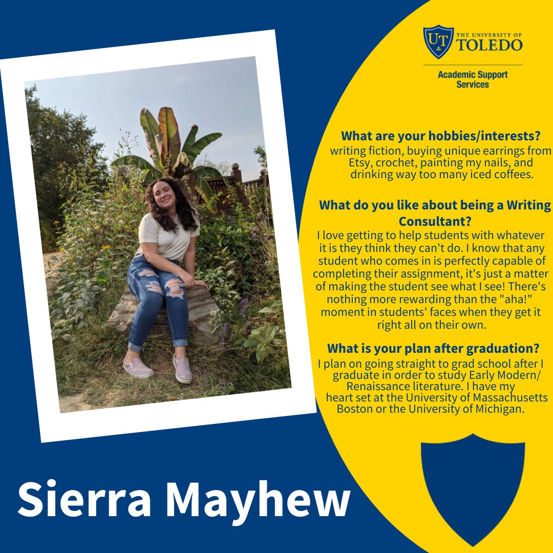 UToledoWC's tweet photo. Let's show our undergraduate consultant, Sierra, some appreciation! ππβοΈ
#UToledoWC #WritingCenters #WritingConsultantAppreciationWeek #UToledo #GoRockets https://t.co/XDqp9wAWY0