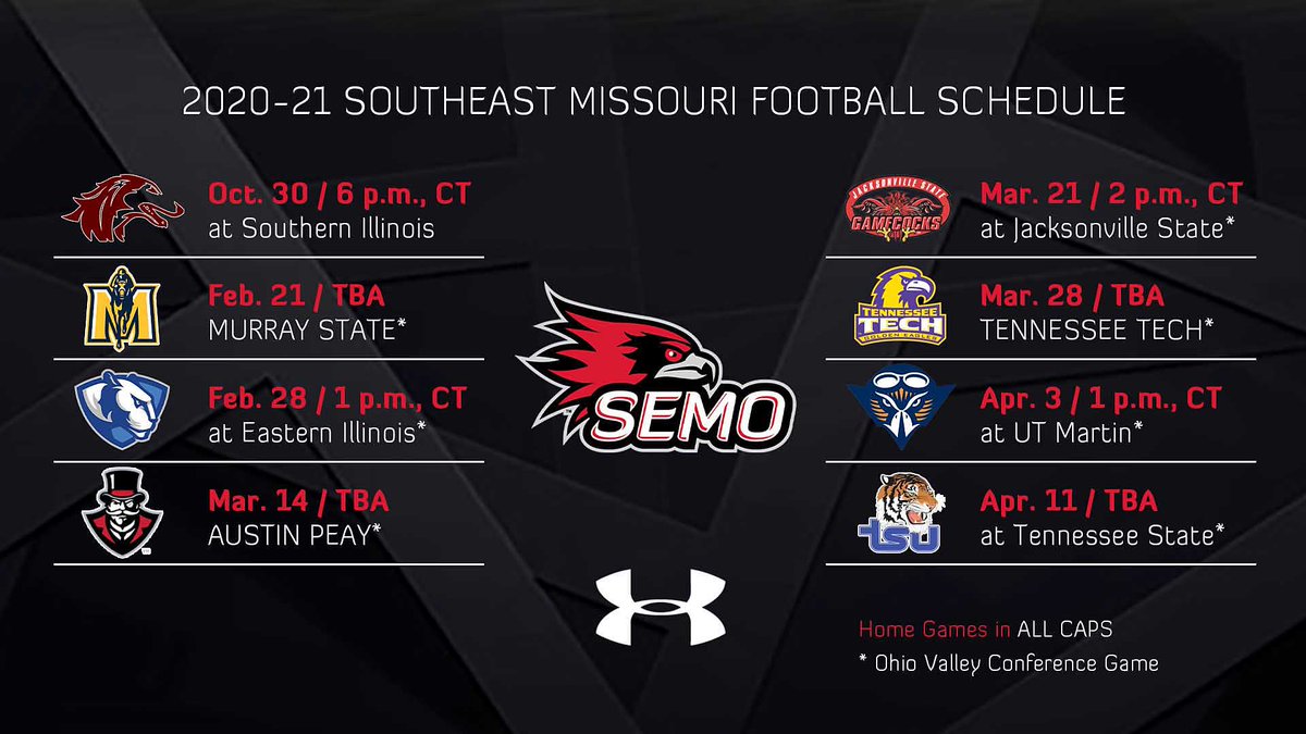 SEMOfootball's tweet photo. Southeast Missouri is scheduled to play 8 games — 1 this fall and 7 in the spring — during its 2020-21 campaign. Check out the Redhawks complete football schedule.
Story: https://t.co/Uj8MXUYqKB https://t.co/9IoSlUSGYl