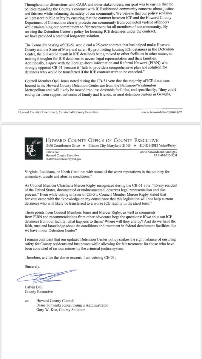 LizWalshHoCoD1's tweet photo. .@HoCoGovExec just sent this to @HoCoCouncil confirming that the second veto of his term is #CB51. https://t.co/GFSXbVT1Iu