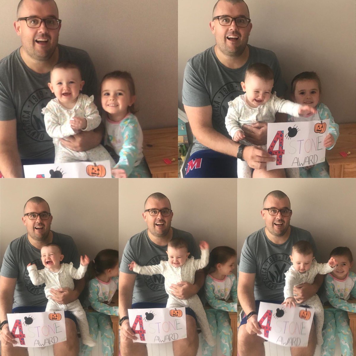 TomDavidal's tweet photo. It took a while but finally got my four stone award. It nearly took as long as it did to get a photo with these two. ❤️😂 #OurFlo #OurTilly #fourstoneweightloss #twostonetoogo https://t.co/ZBHa1q5cUW