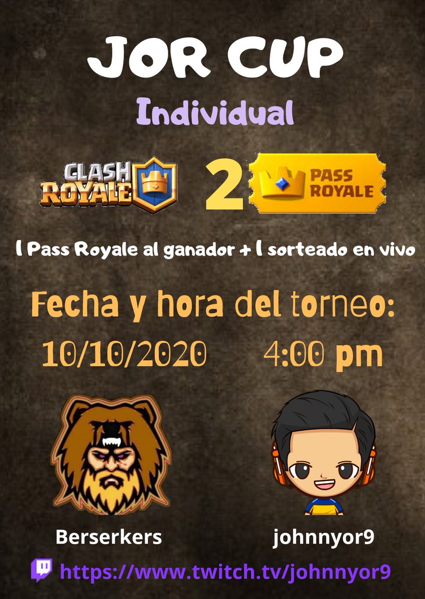 Primera edición individual
Requisitos:
-Seguirme en twitch twitch.tv/johnnyor9
-Rt y fav a este tweet
Inscripciones al torneo aquí: forms.gle/RhEdpwjNeaXqXQ…
Todo el torneo se realizará el sábado 10. 
Si hay acogida, en los próximos días habrá torneo 2c2 por 2 pases más.