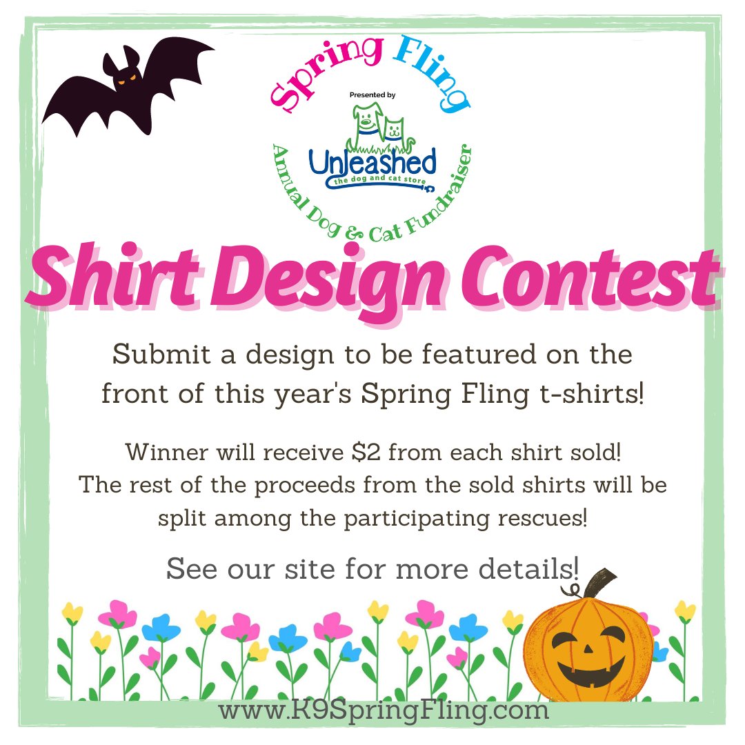 K9SpringFling's tweet image. Our 2020 “Spring” Fling will be like no other and we want you to help us make it extra special!  Check out the contest we have going on right now where you can  helping local area rescue groups and shelters!! Click the link below for details!🌼🐶🍁
k9springfling.com/shirt-design-c…