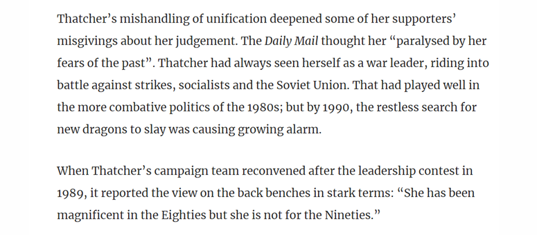 Even many on the Right were alarmed by Thatcher's response to reunification, deepening concerns among her party that would prove terminal in 1990.