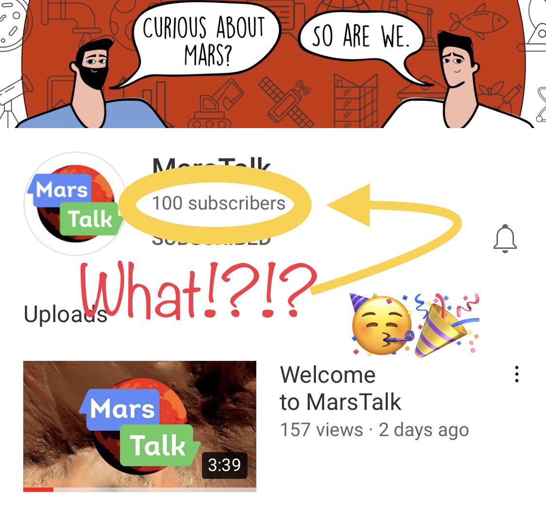 mars_talk's tweet photo. 100 subscribers!!! 🥳🎉🎉🎉 Thank you to everyone who has shown their support for us these past couple days. If you want to see what exciting videos we’ll be coming out with soon, please like &amp; subscribe to our channel: https://t.co/1zY4b6IiRz #mars #marstalk #spaceexploration https://t.co/wCeG0Dl4YG
