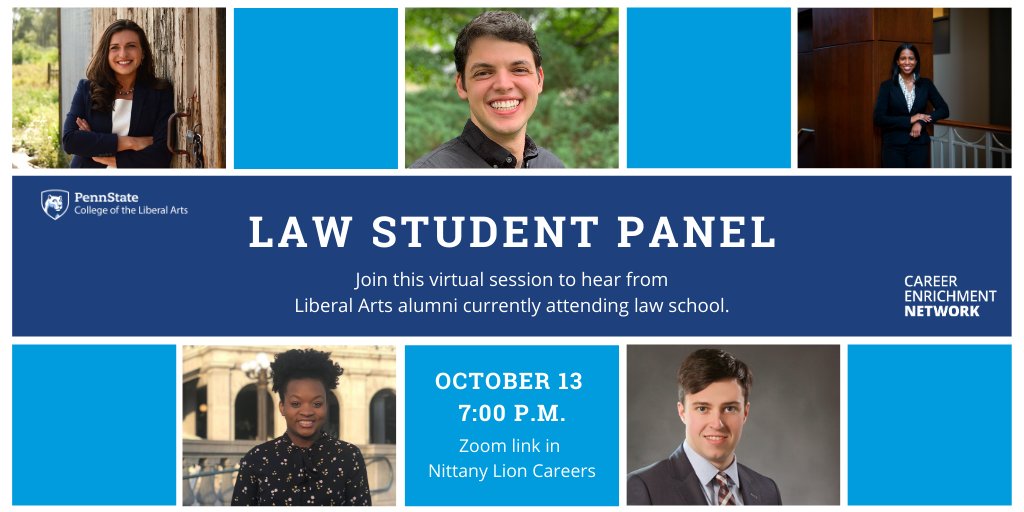 Liberal Arts Network (@psulajobs) on Twitter photo Don't miss our Law Student Panel next Tuesday, 10/13 featuring <a href="/PSULiberalArts/">Penn State College of the Liberal Arts</a> alumni! Hear from recent grads about their experiences in law school! Panelist bios and Zoom link in Nittany Lion Careers: bit.ly/3iFnrLo
#pennstate #lawschool <a href="/PennStateMULA/">The Multicultural Undergraduate Law Association</a> <a href="/LAAmbassadorPSU/">Penn State Liberal Arts Ambassadors</a> Don't miss our Law Student Panel next Tuesday, 10/13 featuring <a href="/PSULiberalArts/">Penn State College of the Liberal Arts</a> alumni! Hear from recent grads about their experiences in law school! Panelist bios and Zoom link in Nittany Lion Careers: bit.ly/3iFnrLo
#pennstate #lawschool <a href="/PennStateMULA/">The Multicultural Undergraduate Law Association</a> <a href="/LAAmbassadorPSU/">Penn State Liberal Arts Ambassadors</a>