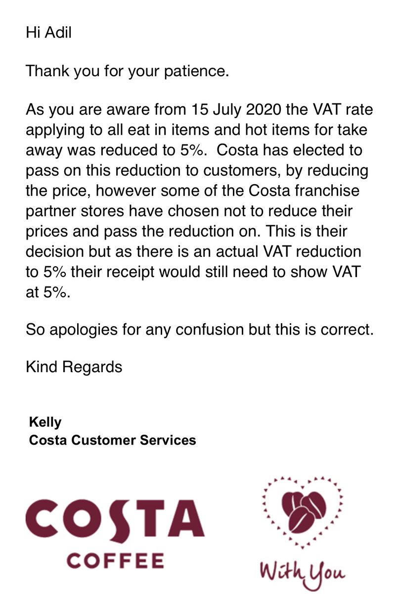 adz2710's tweet photo. @CostaCoffee @LBC I complained to costa as they were not passing on the VAT savings at their franchise stores, instead they decided to reduce the VAT but increase the coffee price. Totally immoral practice during a time of hardship for the consumer! Here is their response #RIPOFF https://t.co/KVbnwstoUh