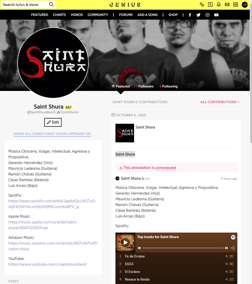 ¡Nuestra Gente!
Ya nos encontramos en Genius, donde pueden encontrar todas nuestras letras, links y demás información de la banda.

🔥 genius.com/SaintShuraBand 🔥