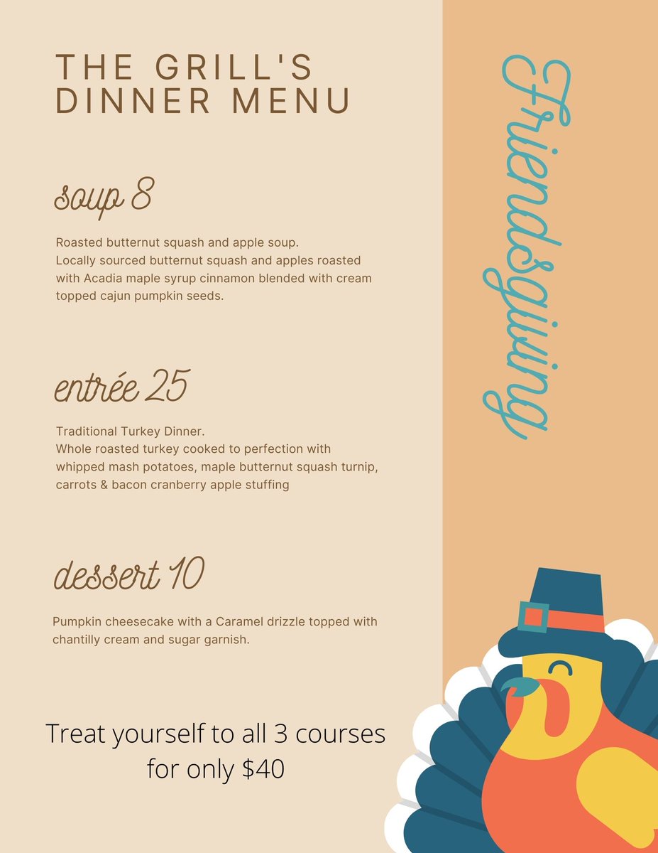 The Quarterdeck Grill is preparing a special traditional turkey dinner in addition to our regular menu on October 11th and 12th
We know that you and your family will enjoy our version of a traditional turkey dinner. Reservations are recommended 1-902-947-2050