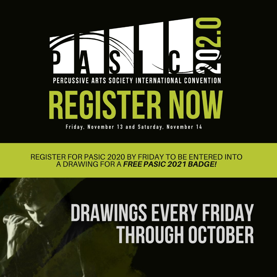 PercussiveArts's tweet image. ARE YOU REGISTERED FOR #PASIC2020? Tune In LIVE at 3PM EST on Friday to see if you win a PASIC 2021 badge!

*Register by 3PM EST Friday to get your name in the drawing - pasic.org/registration
