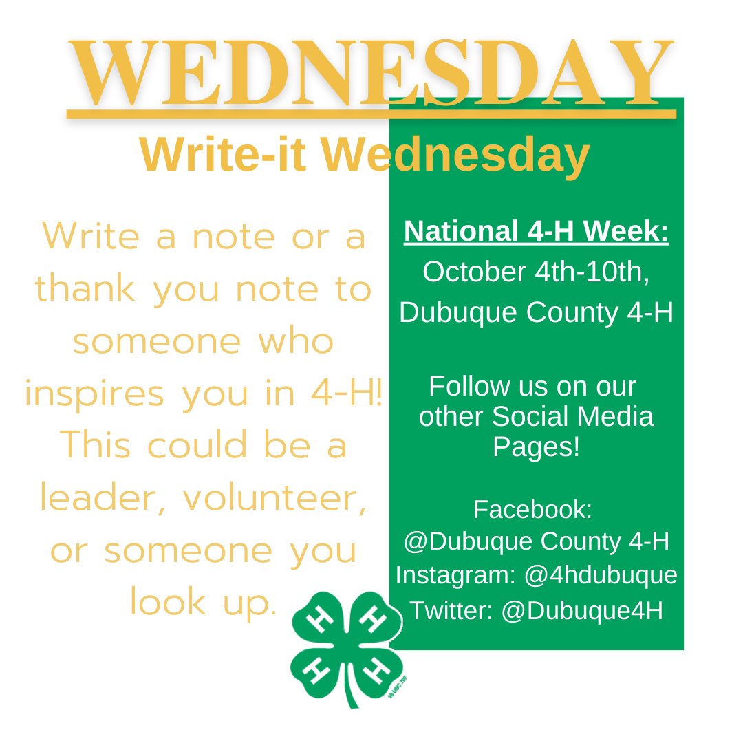 Dubuque4h's tweet photo. On this day during National 4-H Week, we challenge you to write a thank you to someone who deserves it! There are many mentors, volunteers, and youth peers, who make this a great program. We want you to let them know that they have inspired you in 4-H! #dubuque4h #iowa4h https://t.co/nv6qXljHn5