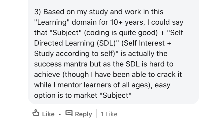 Also saw some fair arguments about how logical thinking and self-directed learning is what really helps people succeed - skills & mindsets that these programs are unlikely to be able to teach very well