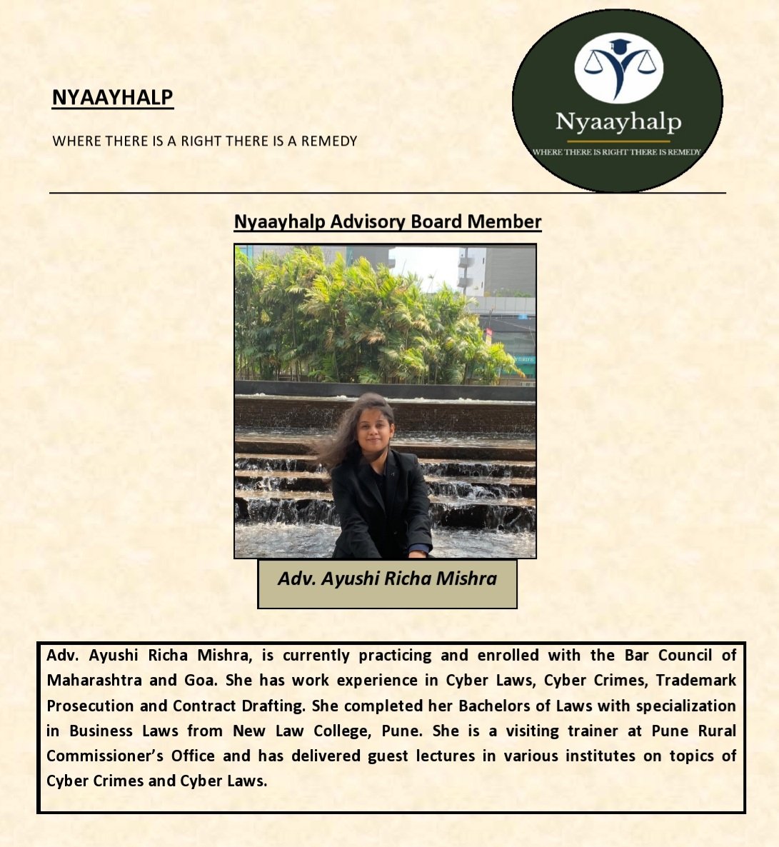 nyaayhalp's tweet photo. We present to you our Advisory Board Members. Their wisdom and knowledge shall be our guiding light. It is our honour to have Adv. Ayushi Richa Mishra with us. https://t.co/8302nslXs2