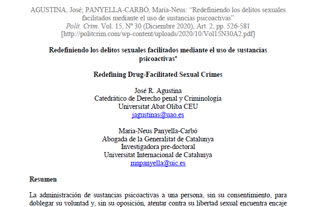 Por fin, ya se ha publicado nuestro artículo "Redefiniendo los delitos sexuales facilitados mediante el uso de sustancias psicoactivas". Un complejo trabajo a caballo entre Derecho penal (comparado), Criminología y Política criminal. Disponible aquí: politcrim.com/wp-content/upl…