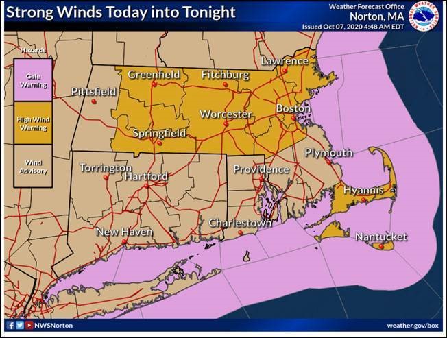 bcrepc's tweet photo. High Wind Warning is in effect for Barnstable, Dukes + Nantucket counties today.  A cold front will move through the area this afternoon with breezy winds + scattered showers.  Southwest winds up to 55-60 mph and thunderstorms possible. Read details at https://t.co/VhywQroBX7 https://t.co/08BNtET3ow