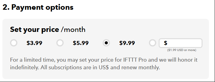 LifespanDevelop's tweet photo. @IFTTT @ltibbets False advertising- "set your own price" then you have a "minimum $1.99". #RIPIFTTT https://t.co/7FKh7jZJGI