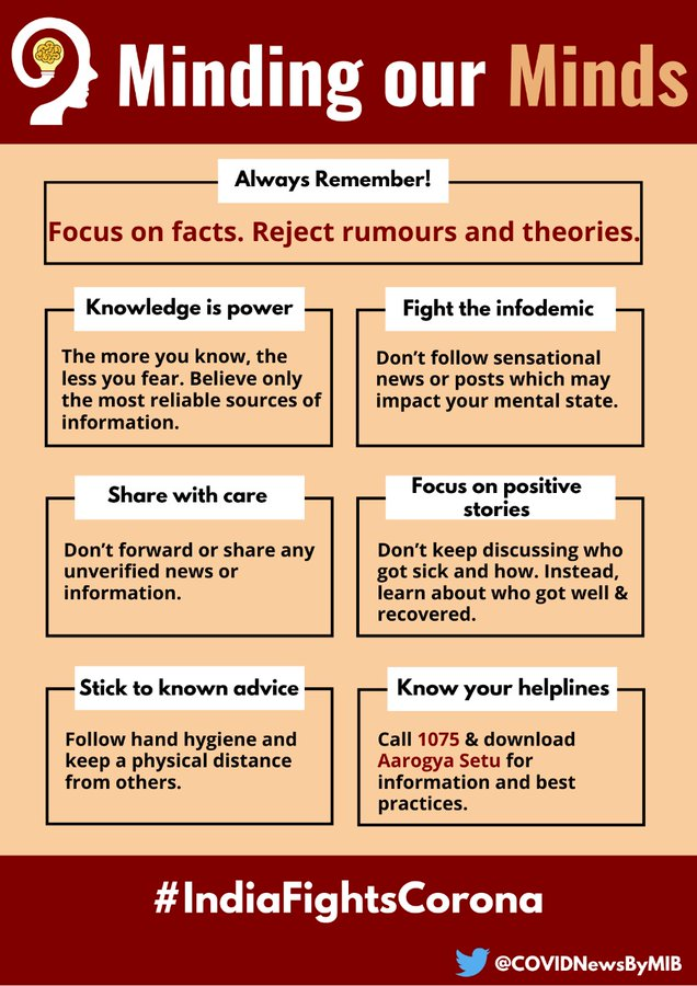 COVIDNewsByMIB's tweet photo. #IndiaFightsCorona:
📍Minding our Minds
➡️Focus on facts. Reject rumours and theories.
▪️ Knowledge is power
▪️ Fight the infodemic
▪️Share with care
▪️Focus on positive stories
▪️Stick to known advice
▪️know your helplines
#StaySafe #IndiaWillWin https://t.co/ncu1rAtSRU