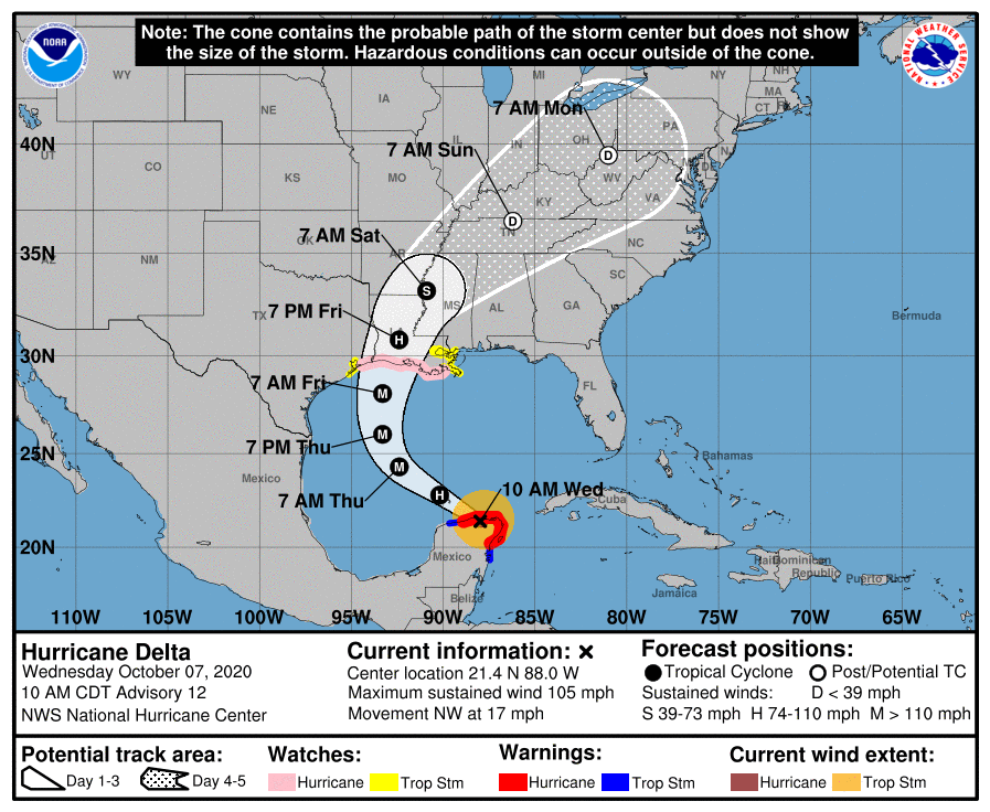 While we're no longer in the #Delta cone, impacts are still anticipated in #NOLA. The <a href="/NHC_Atlantic/">National Hurricane Center</a> has issued the following watches for our area:

⚠️Tropical Storm Watch (winds 39-73 mph)
⚠️Storm Surge Watch (storm surge 4-6 feet outside levees, 3-5 feet in Lake Pontchartrain)