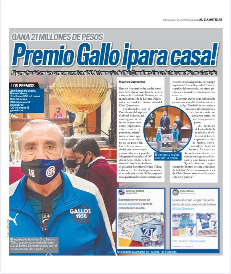 Aldiaqro's tweet photo. #BuenasNoticias para #Queretaro en el sorteo para conmemorar el 70 Aniversario de @Club_Queretaro de la #LoteriaNacional el #PremioMayor se quedó en casa https://t.co/NG1846cIxx
