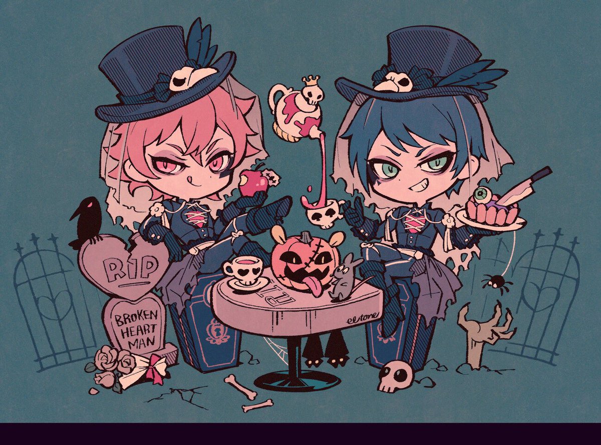 skull hat 2boys food multiple boys pink hair pink eyes  illustration images