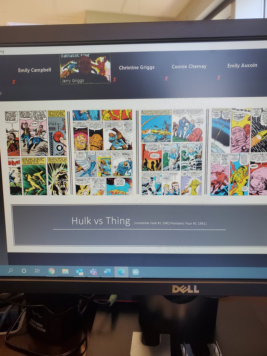 DrEmilyErwin's tweet photo. True story. I'm a comic book nerd. Virtual lecture by @RiverParishesCC professor Jerry Griggs today on Monsters in Comic Books. I love being on a college campus! This is the kind of stuff that makes College campuses so special. https://t.co/d24iImLA3U