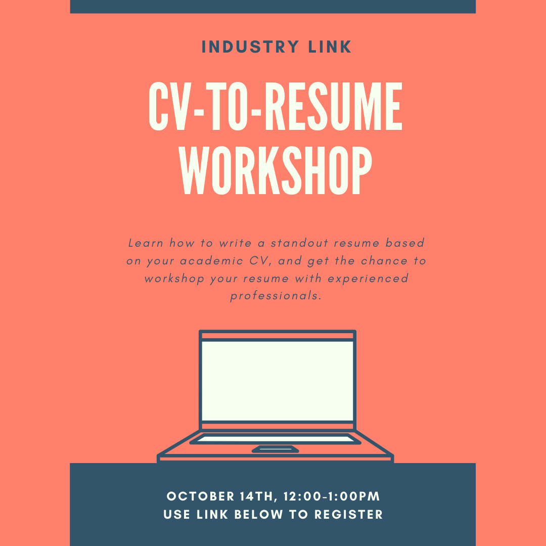 Are you interested in learning how to write a standout resume based on your academic CV? Sign up for our CV-to-Resume Zoom seminar on Wednesday, October 14th, from 12-1pm. 

Sign up here! forms.gle/eezD1FbwUk5EuH…