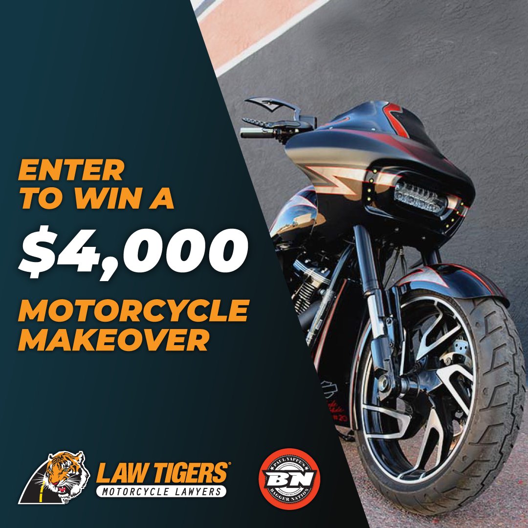 96X's tweet image. The Law Tigers want you to have the motorcycle of your dreams. Enter now at mymotorcyclemakeover.com to win a $4,000 custom package courtesy of Paul Yaffe’s Bagger Nation.Law Tigers, Virginia's Motorcycle Lawyers!